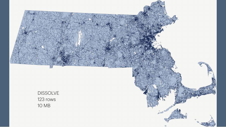 Massachusetts parcels, dissolve method: 123 rows, 10 MB