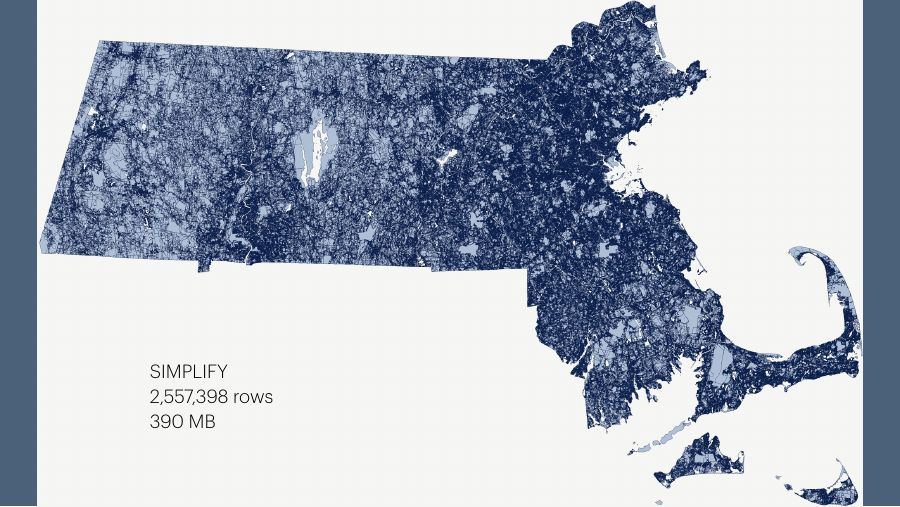 Massachusetts parcels, simplify method: 2,557,398 rows, 390 MB